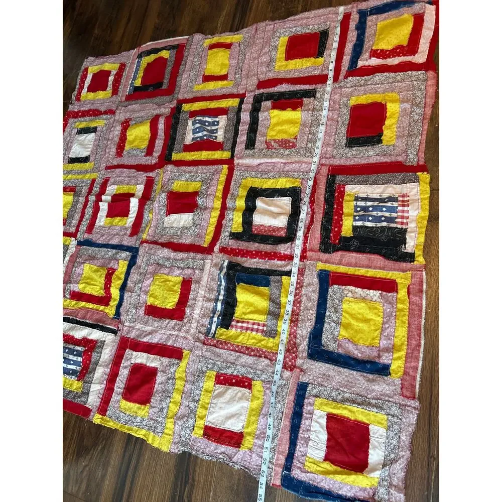 Log Cabin Quilt Topper Burgundy Navy Blue Yellow Country Cottage 53